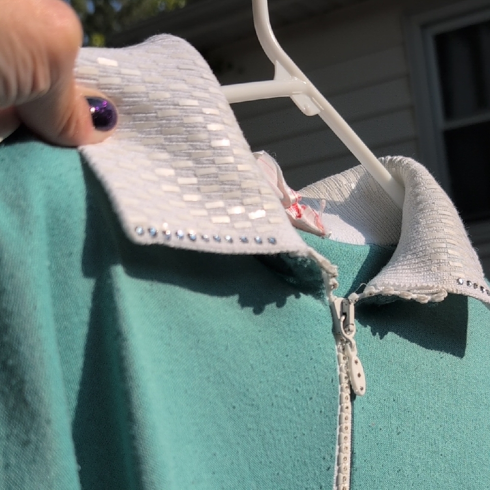 VTG  Sparkle 3/4 Zip-Up  sweatshirt Vibes Embellished Collar Grandma Feel